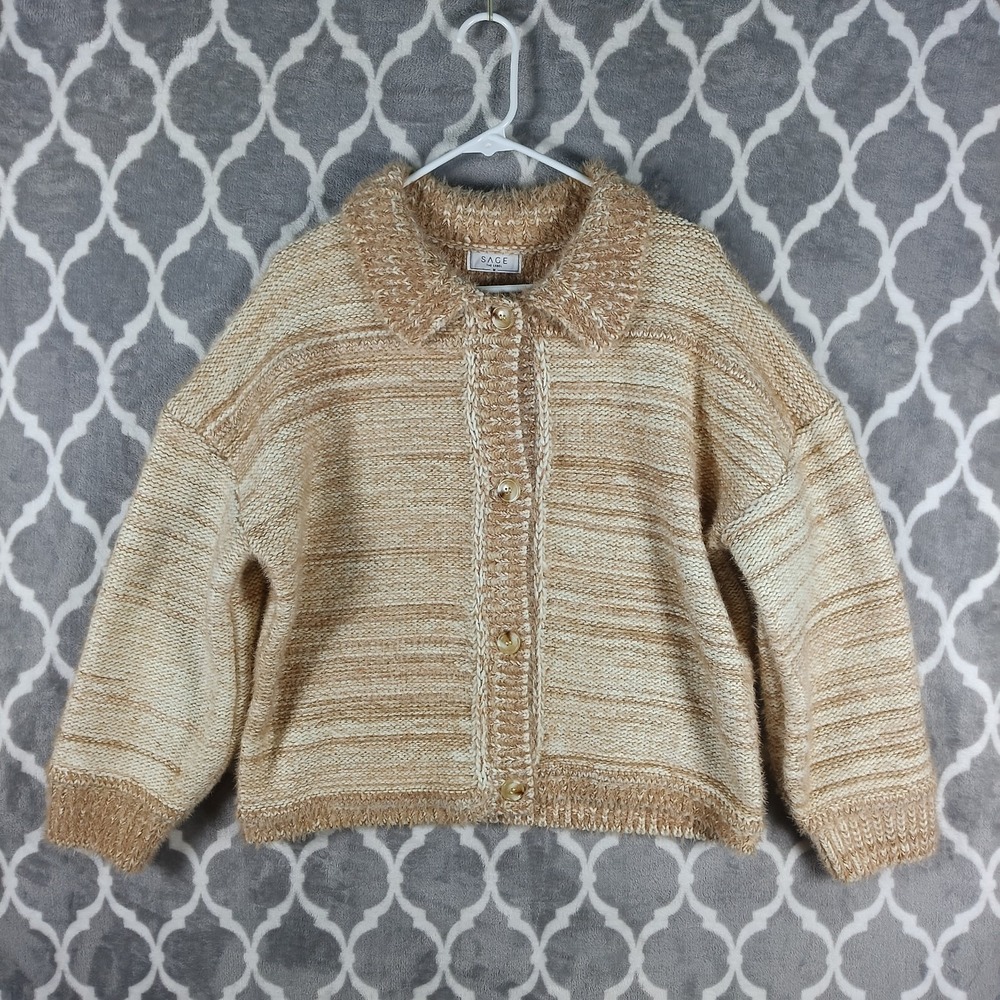 Sage The Label Cardigan Sweater Women Medium Tan Cream Cozy‎ Slouch Knit Layer